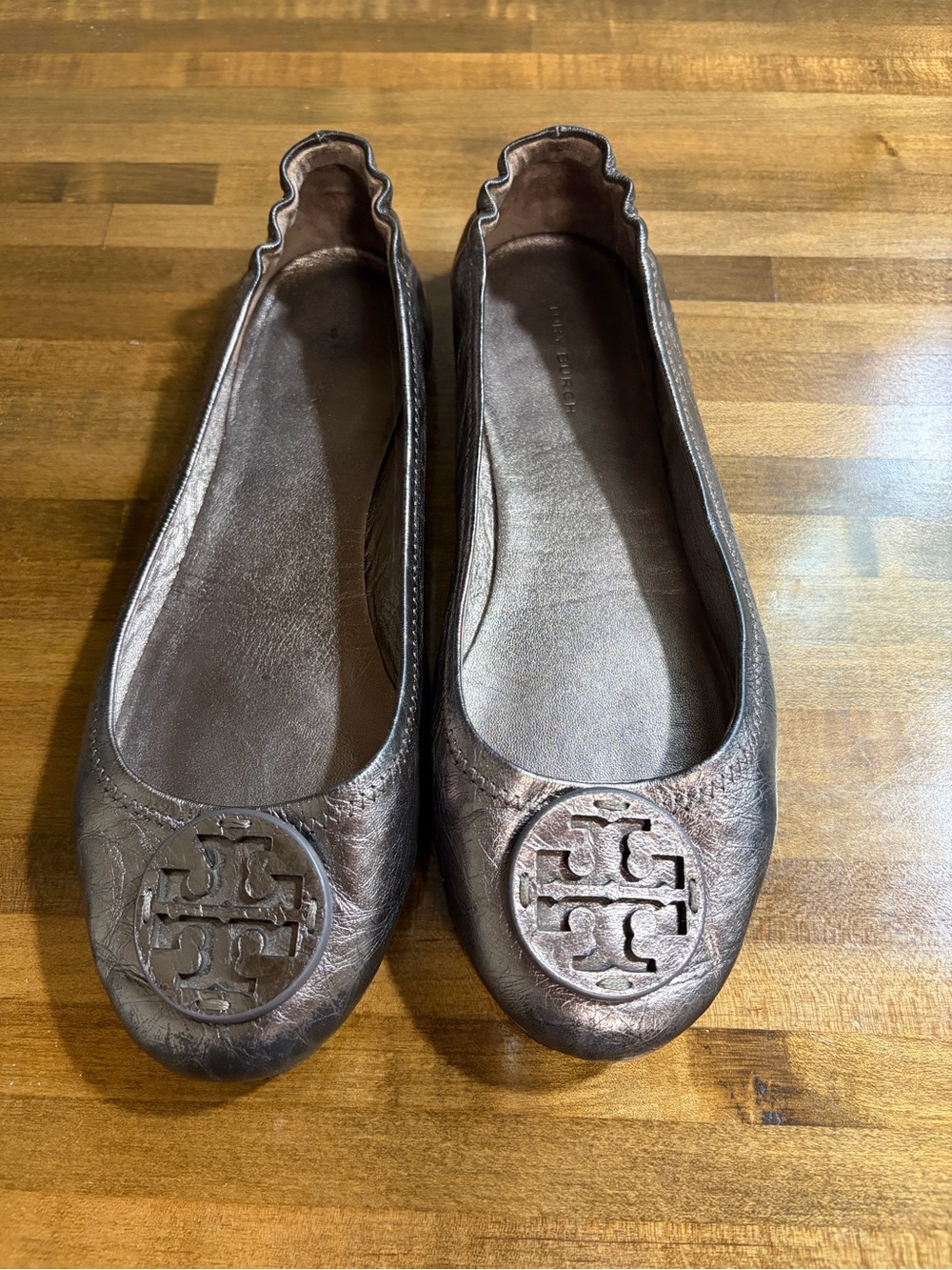 Tory Burch Metallic Bronze Logo Leather Ballet Flats